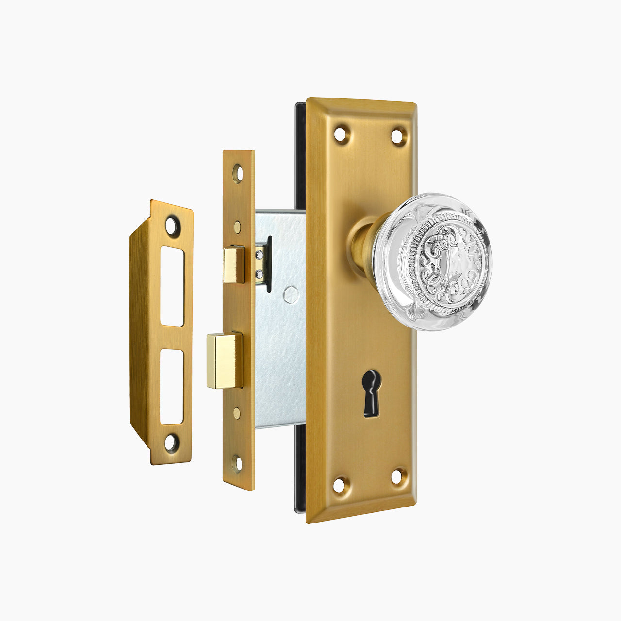 SENY Vintage Crystal Mortise Lock Set with Embossed Round Crystal Knob & Rectangular Plate