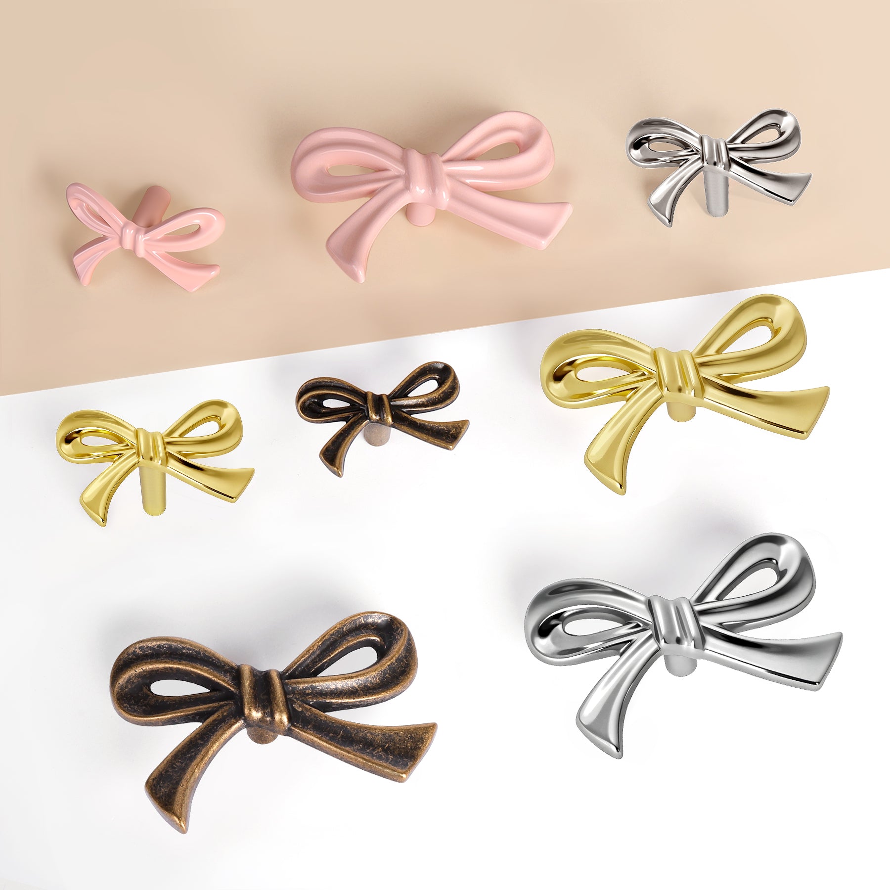 SENY 8 Pack Bow Dresser Knobs – Cute Drawer Knobs in Pink, Brushed Gold, Chrome & Antique Brass