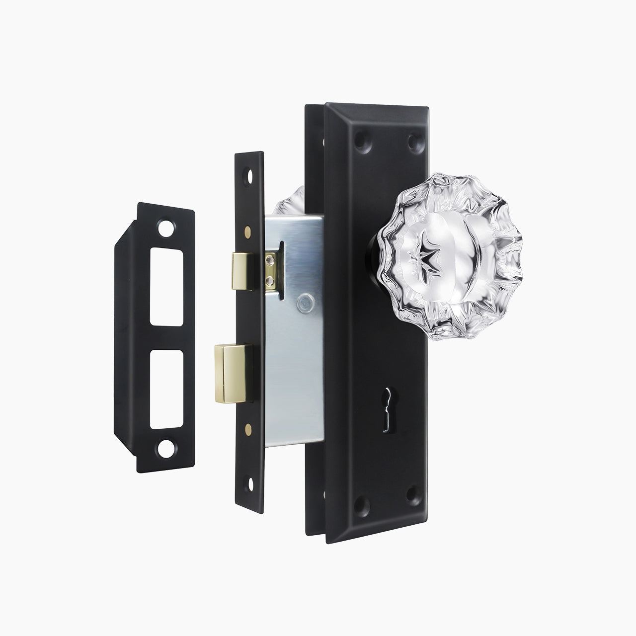 SENY Antique Mortise Lock Set for Interior Doors with Floral Crystal Glass Knob, Beveled Rectangular Plate & Skeleton Key