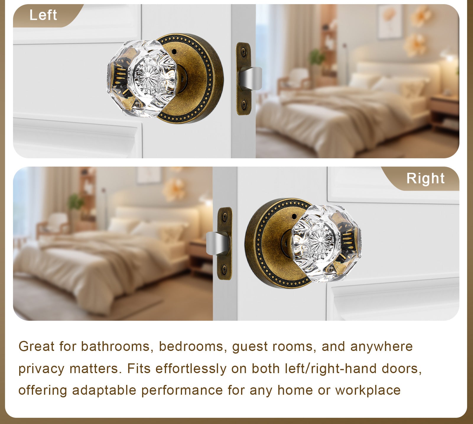 SENY Octagonal Crystal Door Knob, Round Rosette, 3 Finishes, 3 Functions