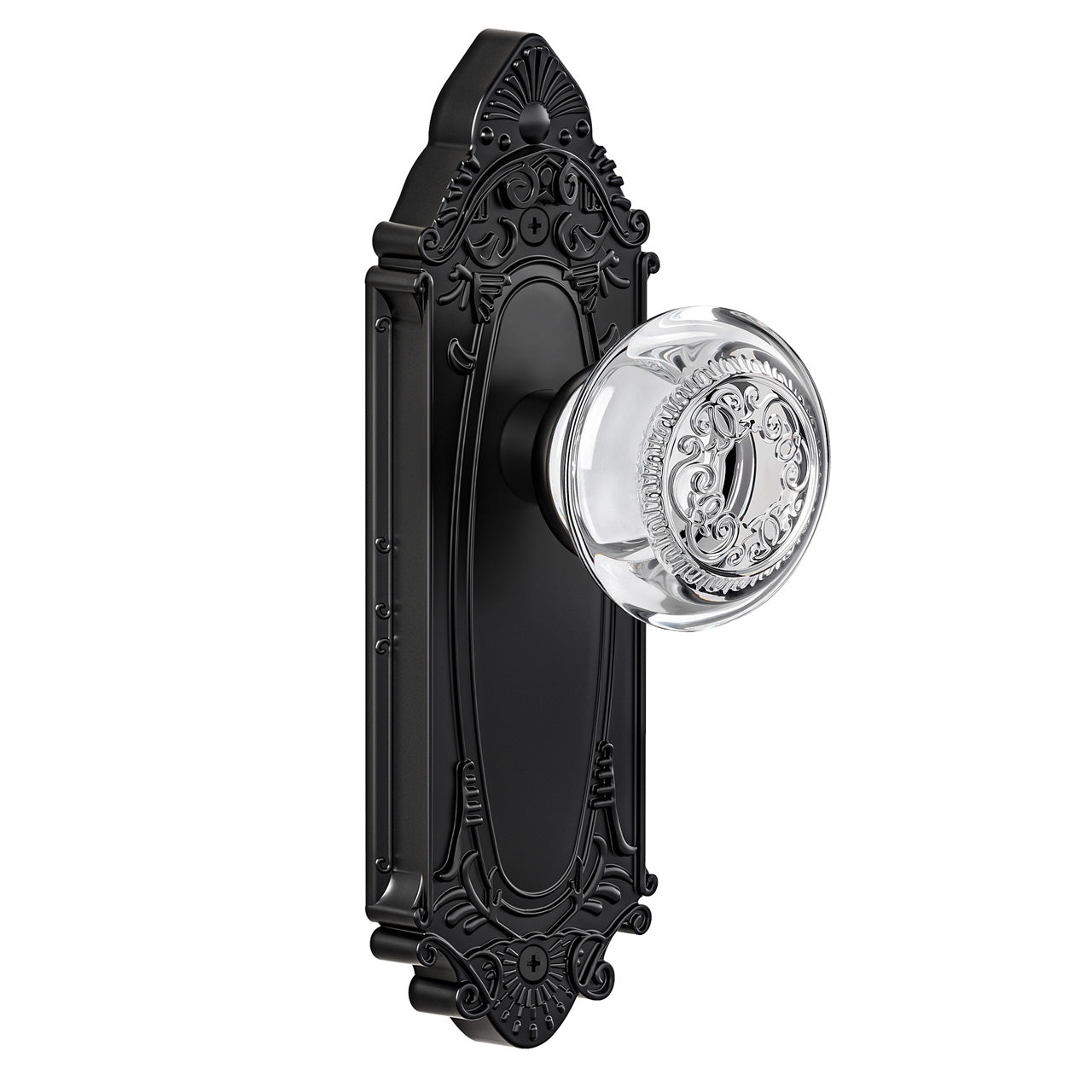 Vintage Crystal Door Knob with Ornate Antique Backplate, Interior Glass Door Handle for Privacy, Passage & Dummy Doors