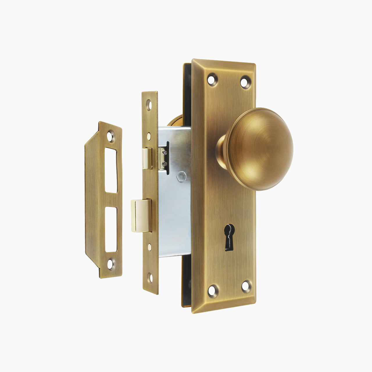 SENY Metal Mortise Lock Set for Interior Doors with Mushroom Metal Knob, Beveled Rectangular Backplate & Skeleton Key