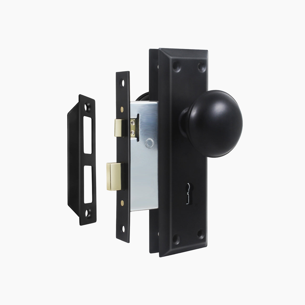 SENY Metal Mortise Lock Set for Interior Doors with Mushroom Metal Knob, Beveled Rectangular Backplate & Skeleton Key
