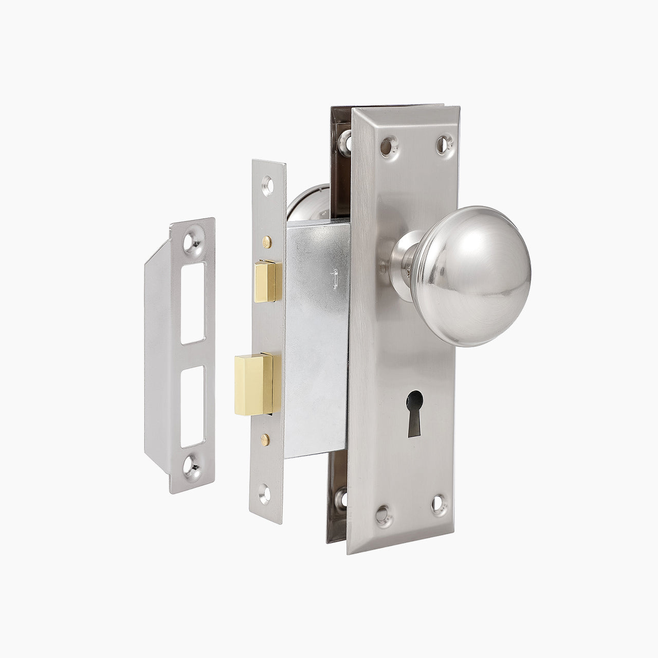 SENY Metal Mortise Lock Set for Interior Doors with Mushroom Metal Knob, Beveled Rectangular Backplate & Skeleton Key