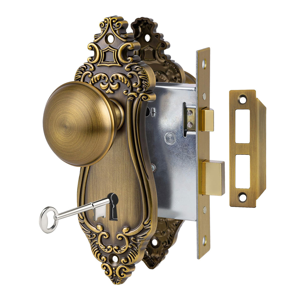 SENY Vintage Mortise Door Knob with Decorative Backplate & Skeleton Key