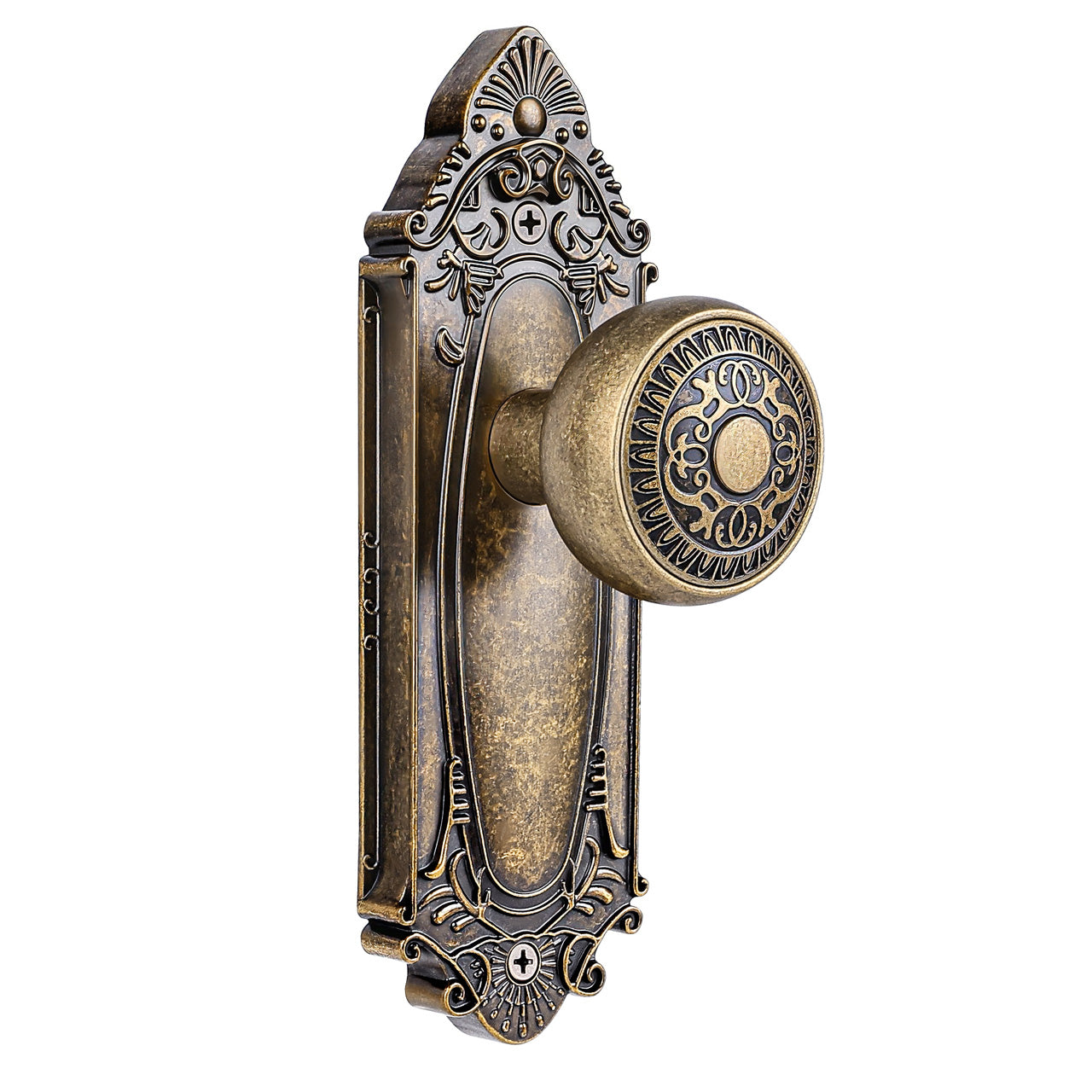 Vintage Floral Metal Door Knob with Ornate Sunburst Backplate, Interior Door Handle for Privacy, Passage & Dummy Doors