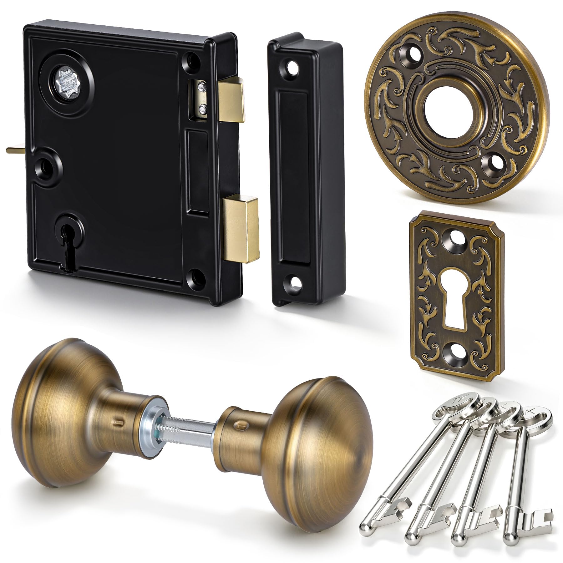 SENY Vintage Rim Lock Set with Door Knobs & Skeleton Key