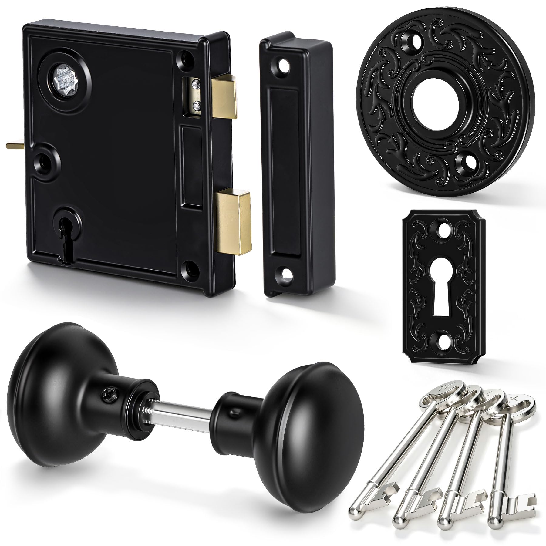SENY Vintage Rim Lock Set with Door Knobs & Skeleton Key