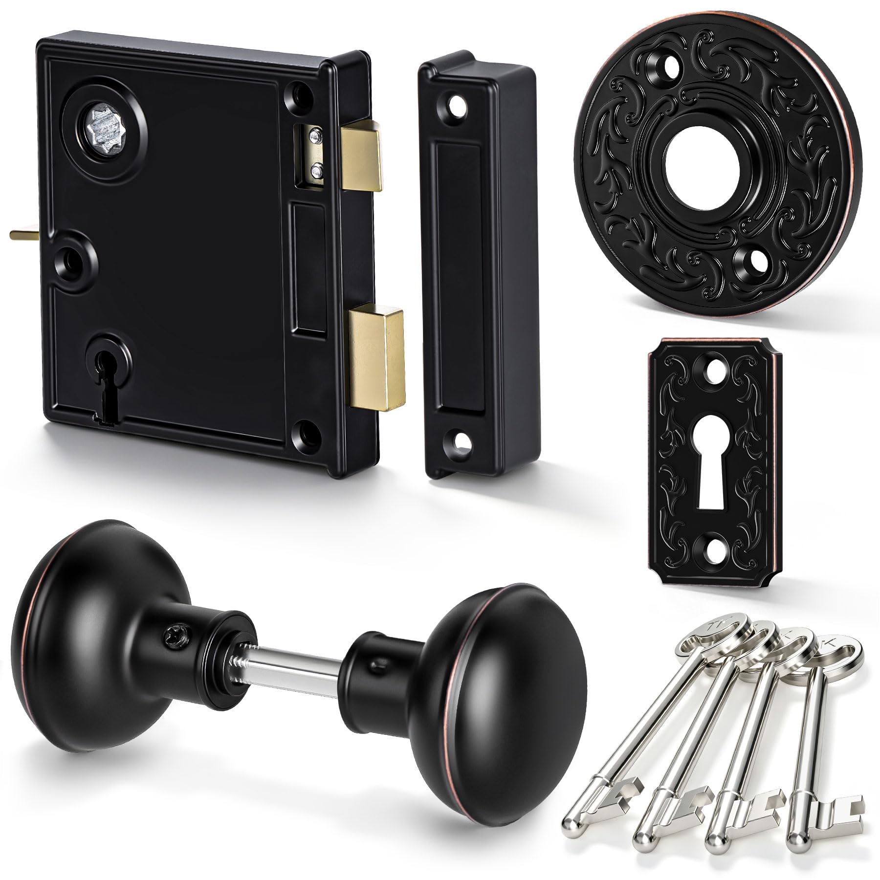 SENY Vintage Rim Lock Set with Door Knobs & Skeleton Key