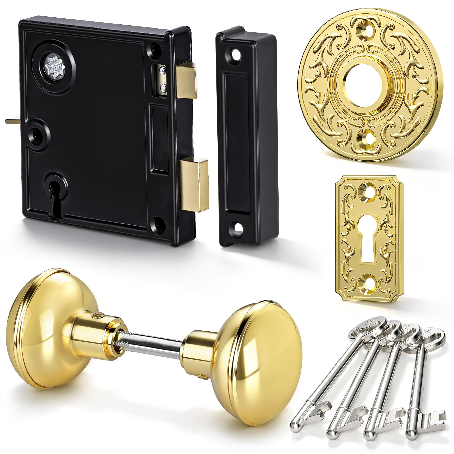 SENY Vintage Rim Lock Set with Door Knobs & Skeleton Key