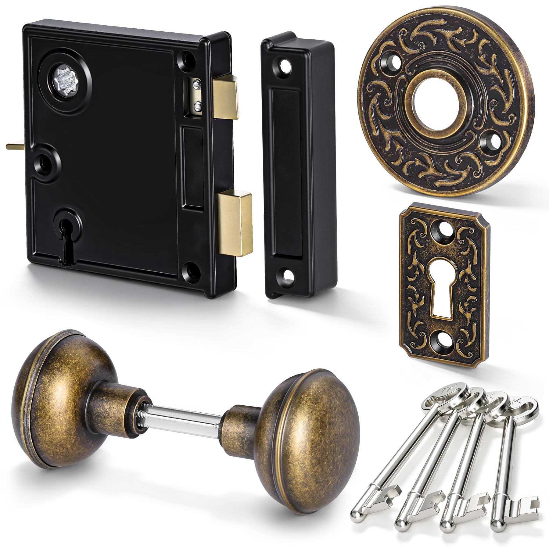 SENY Vintage Rim Lock Set with Door Knobs & Skeleton Key