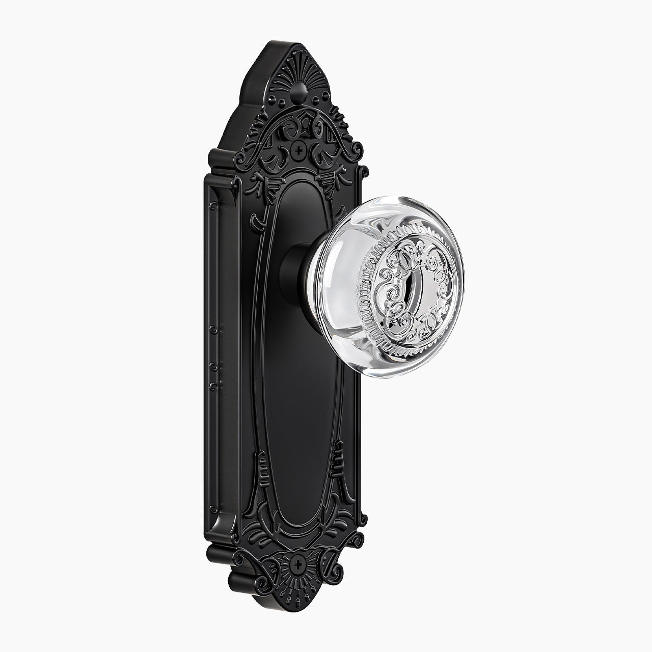 Vintage Crystal Door Knob with Ornate Antique Backplate, Interior Glass Door Handle for Privacy, Passage & Dummy Doors