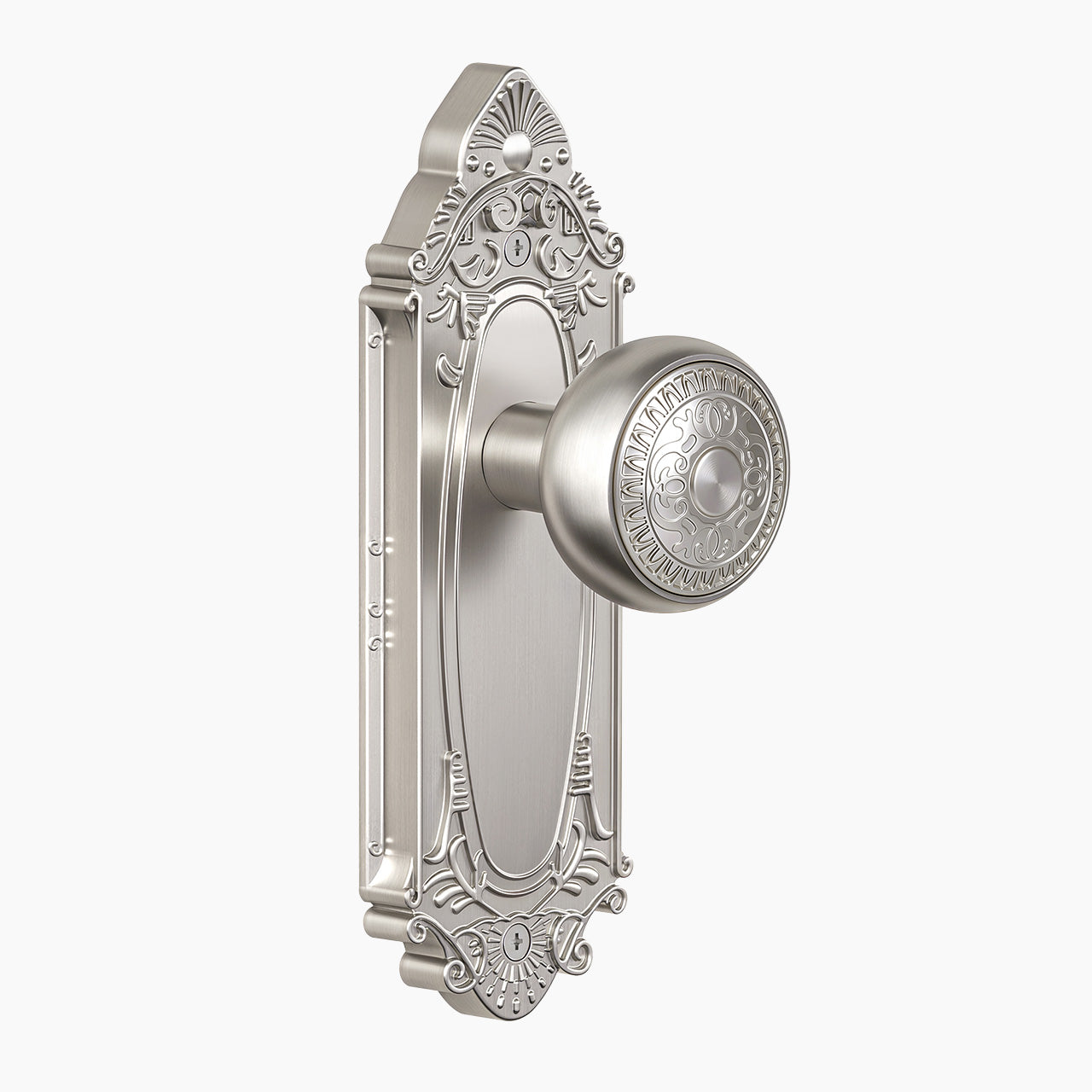 Vintage Floral Metal Door Knob with Ornate Backplate, Interior Door Handle for Privacy, Passage & Dummy Doors