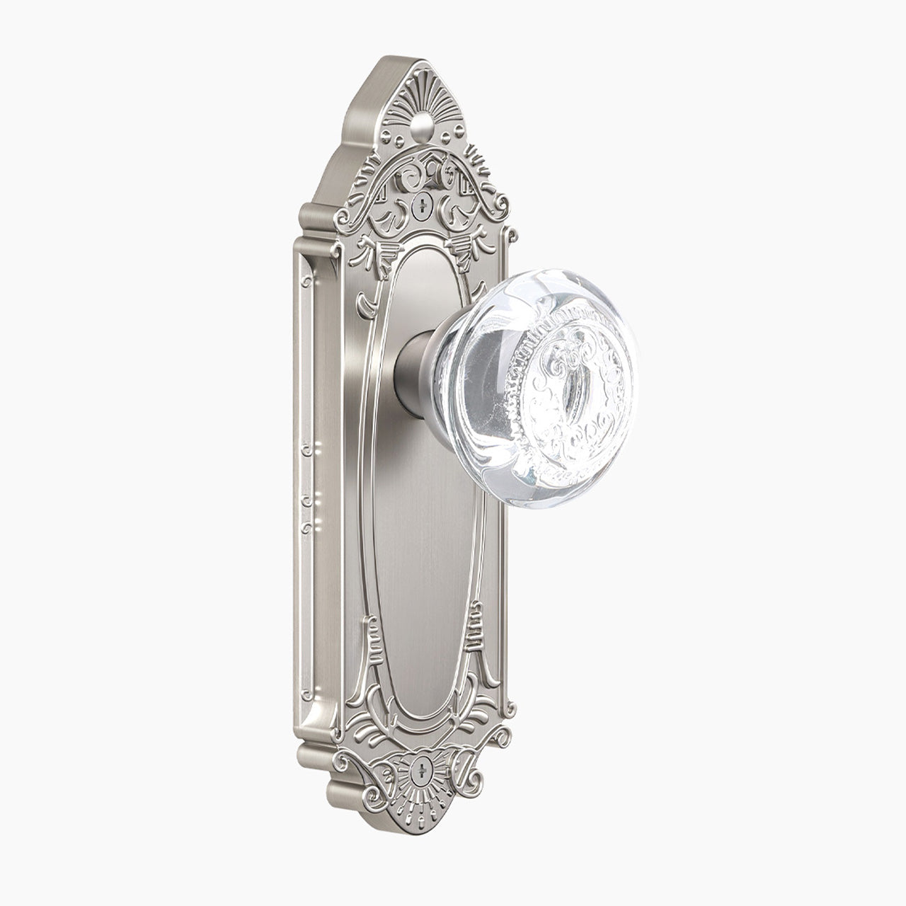 Vintage Crystal Door Knob with Ornate Antique Backplate, Interior Glass Door Handle for Privacy, Passage & Dummy Doors