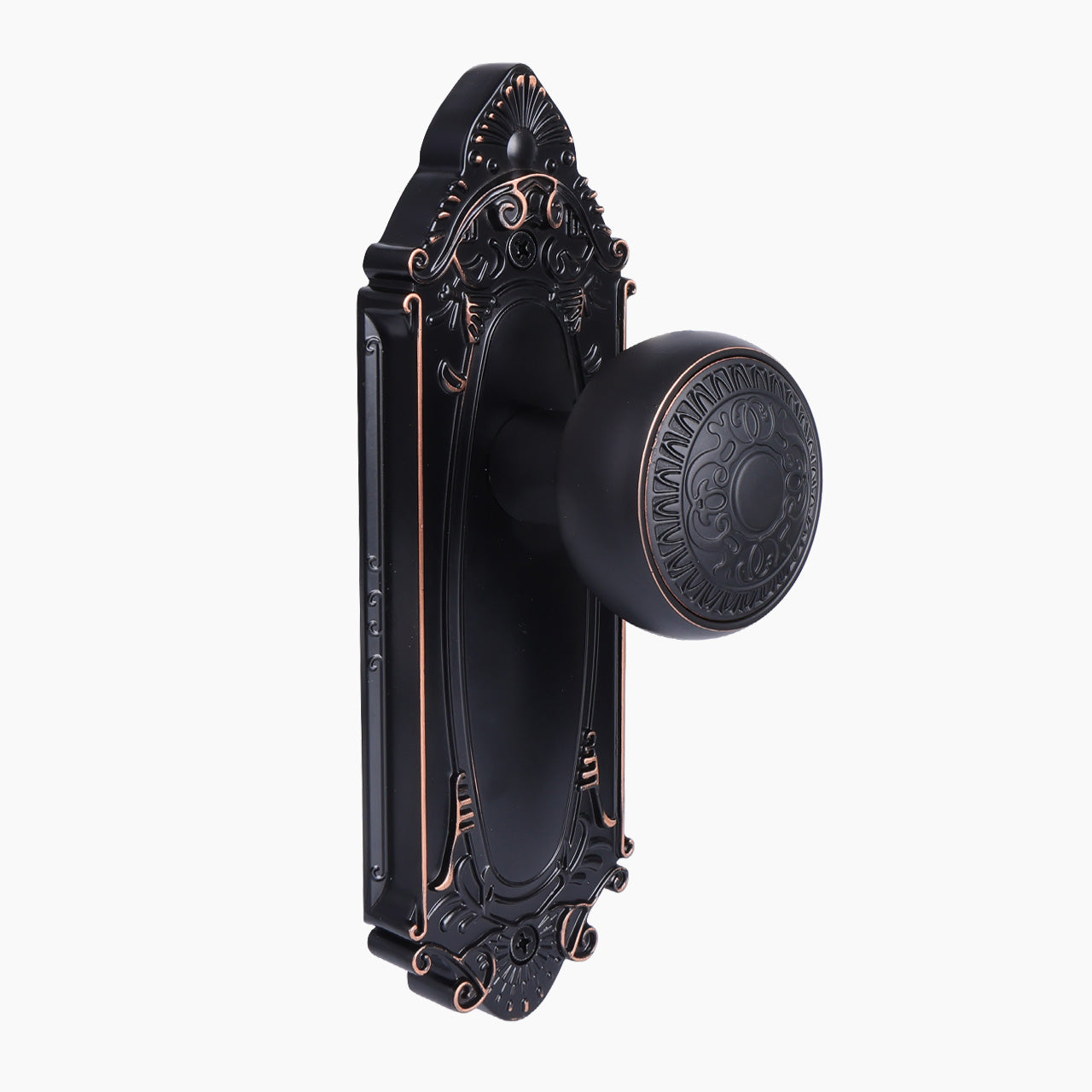 Vintage Floral Metal Door Knob with Ornate Backplate, Interior Door Handle for Privacy, Passage & Dummy Doors