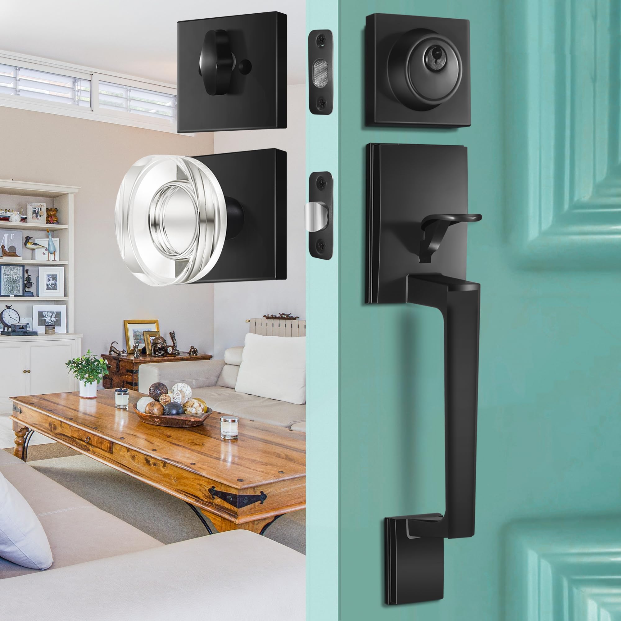 SENY Front Door Handleset with Single Cylinder Deadbolt, Round Interior Knob & Square Rosette - Seny Hardware