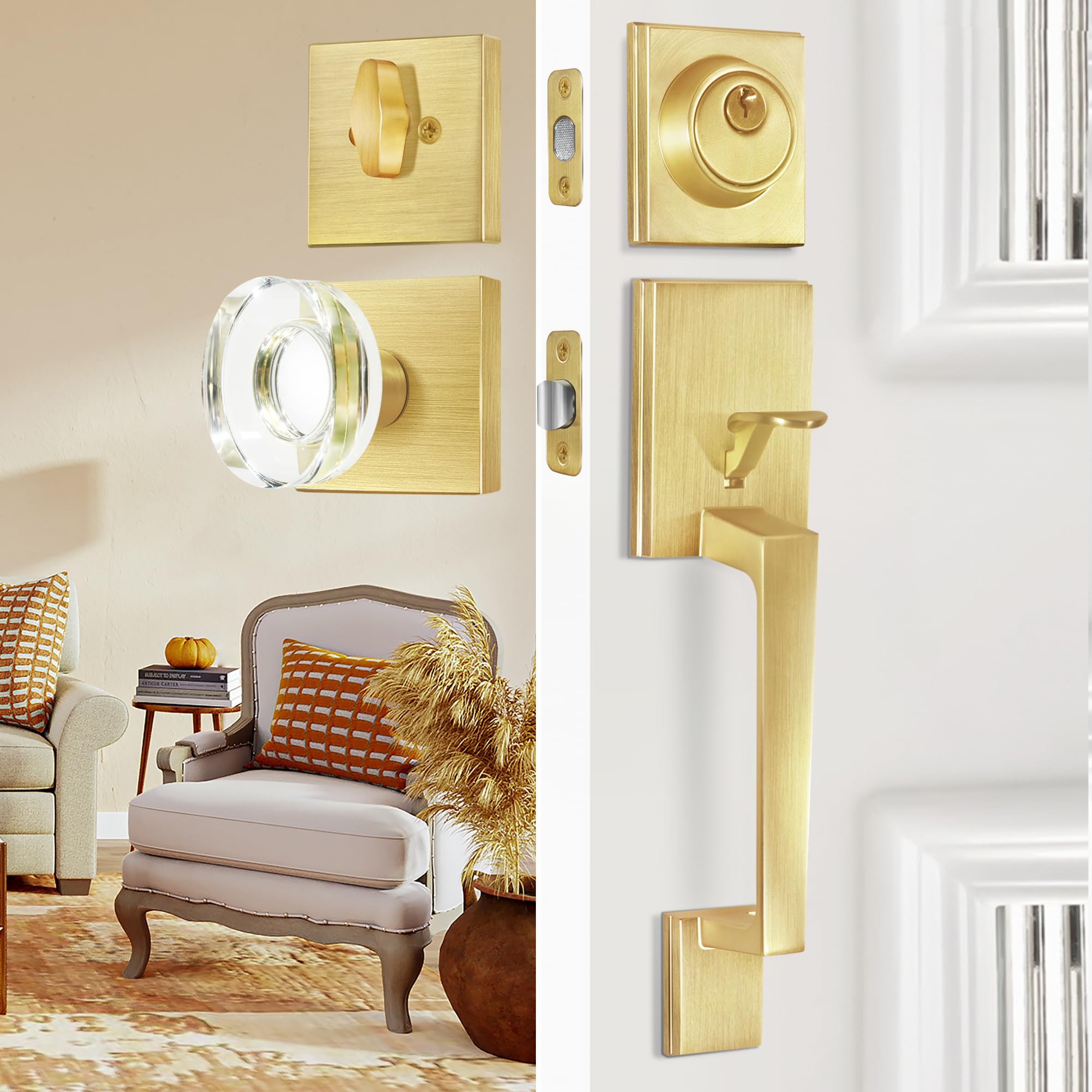 SENY Front Door Handleset with Single Cylinder Deadbolt, Round Interior Knob & Square Rosette - Seny Hardware