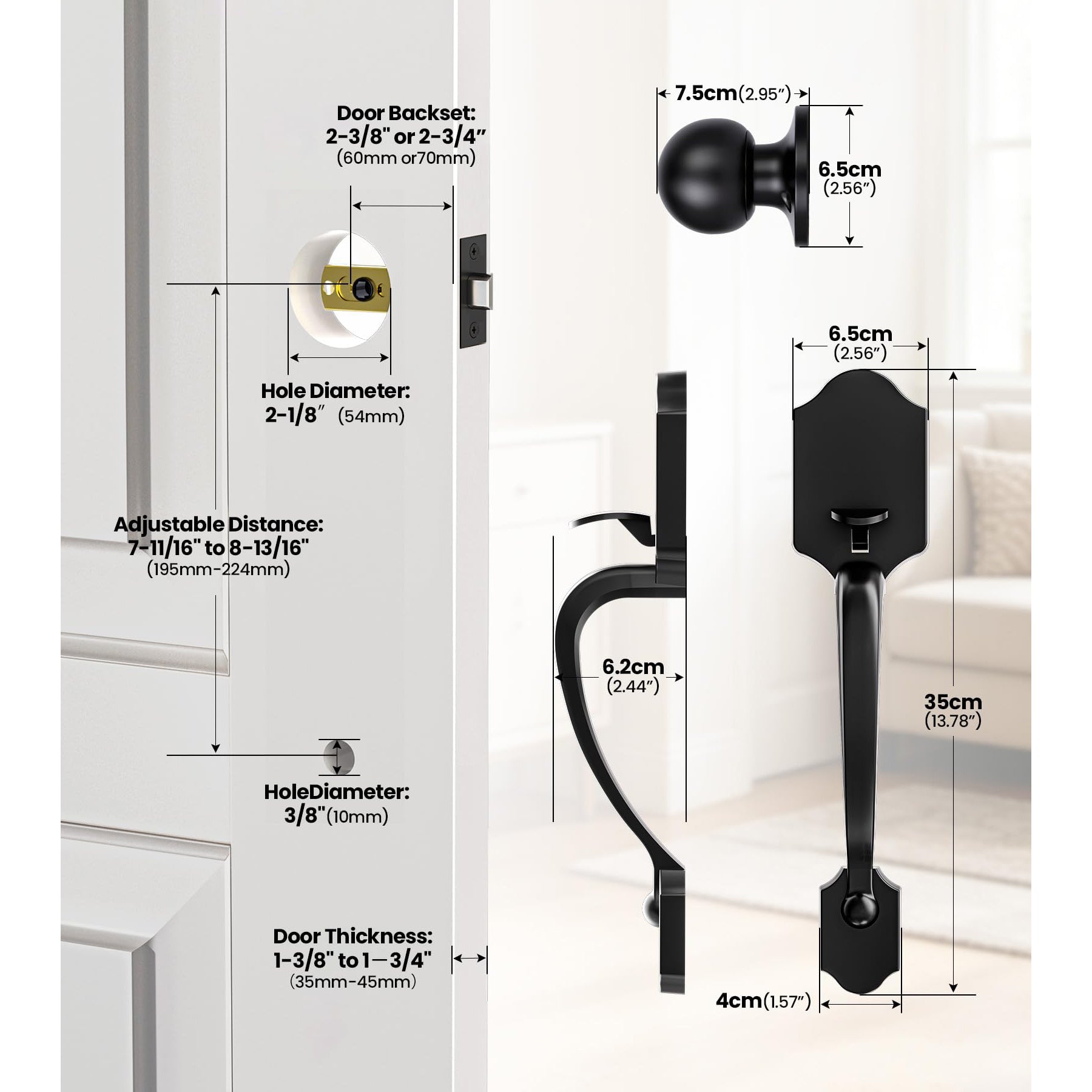 SENY Front Door Handle with Reversible Knob – Passage Exterior Door Handle for Deadbolt & Smart Lock