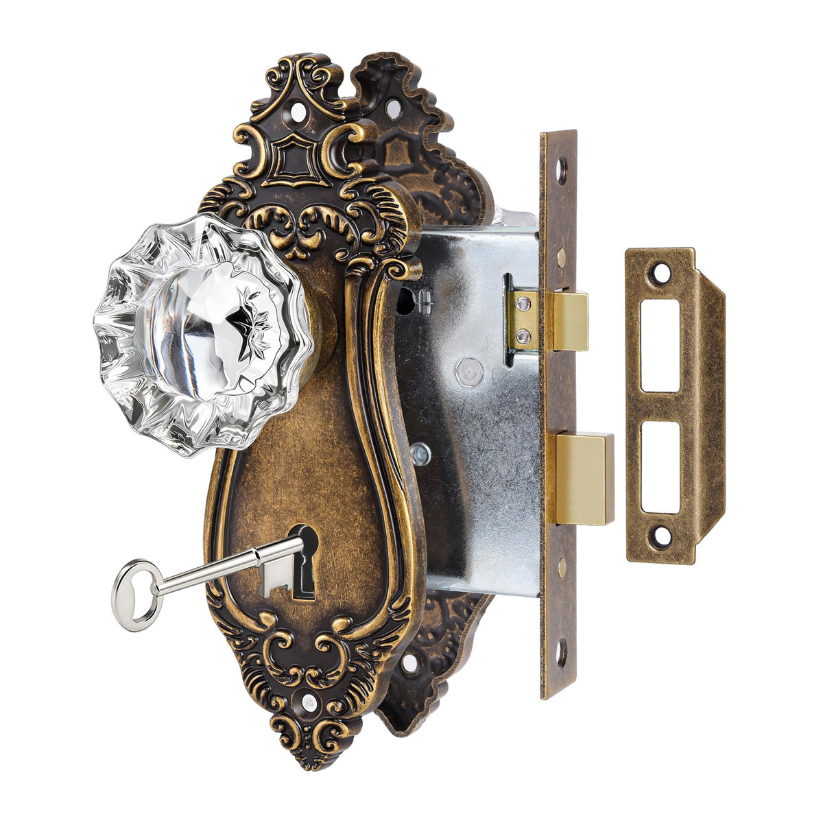 SENY Vintage Crystal Door Knob with Mortise Lock & Skeleton Key