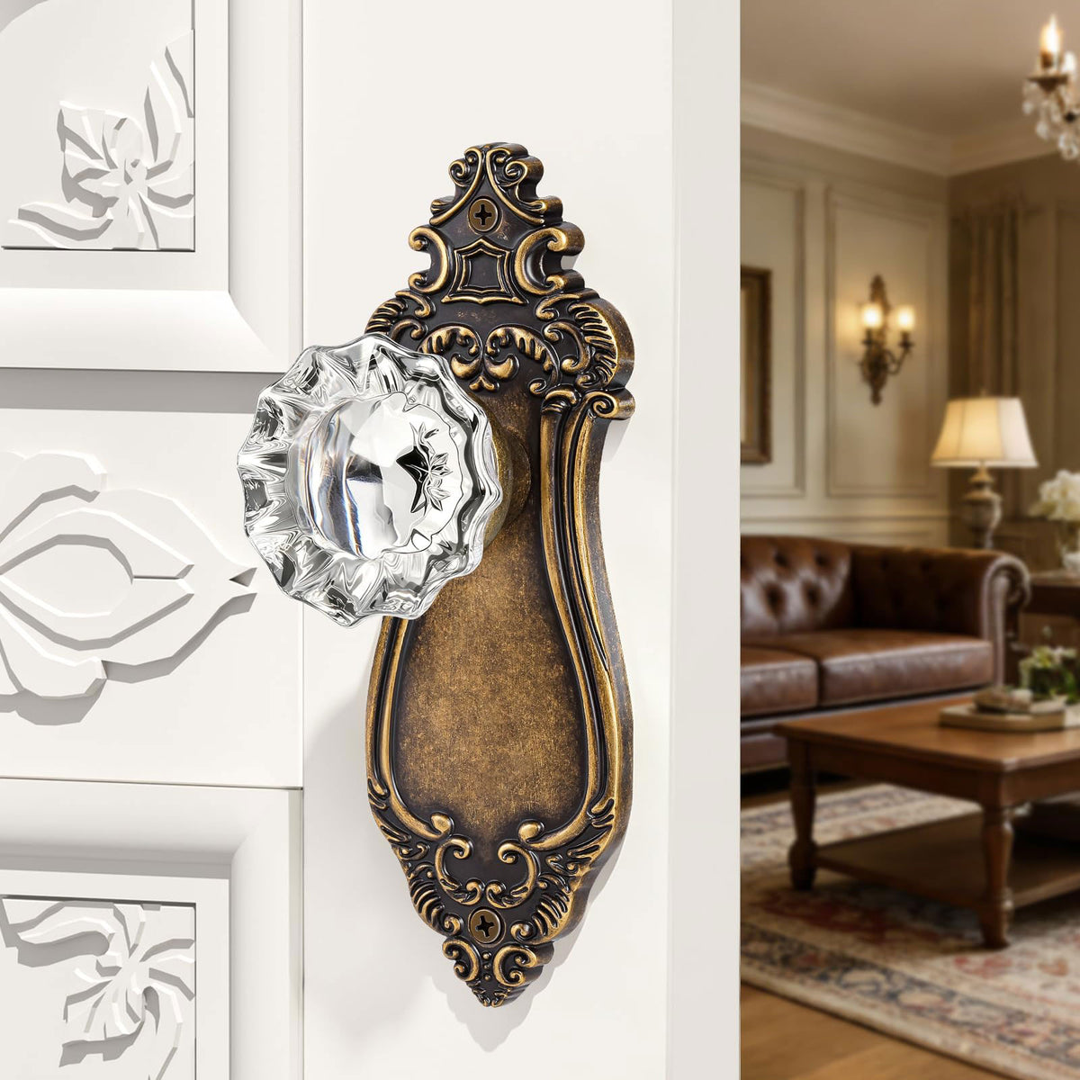 SENY Vintage Crystal Door Knob with Mortise Lock & Skeleton Key