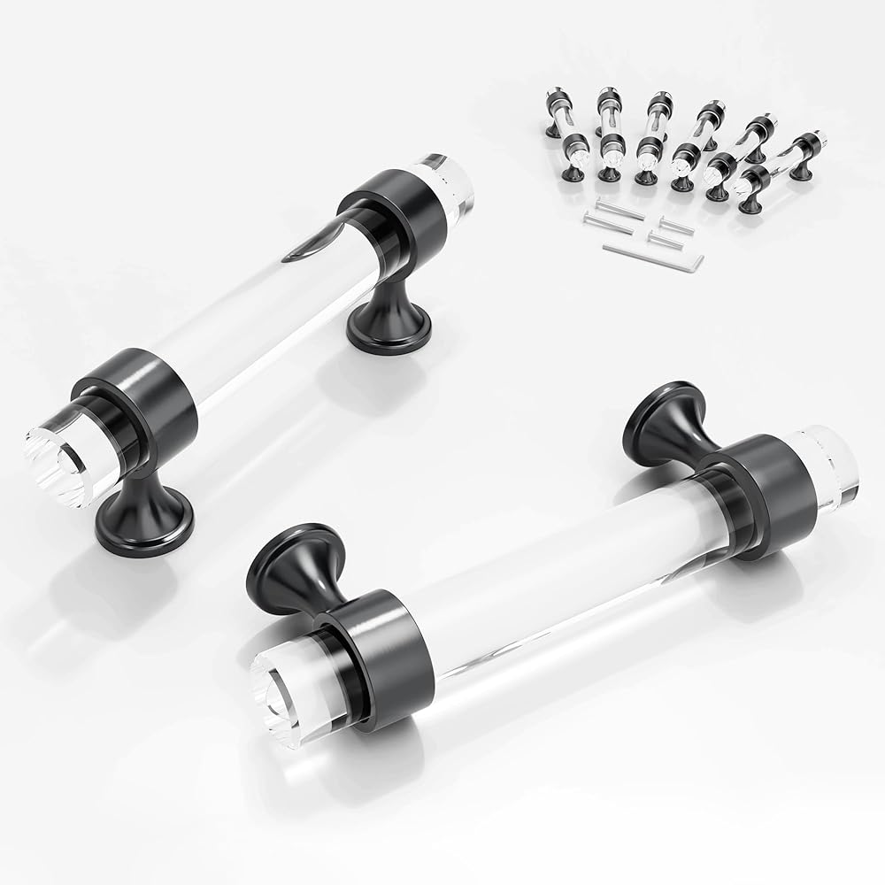 SENY Acrylic Cabinet Pulls – Clear Lucite Bar Drawer Handles with Round Zinc Base (6 Pack)