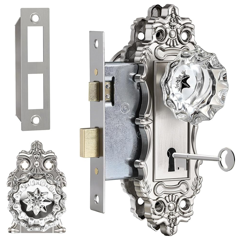 SENY Antique Mortise Style Door Hardware with Floral Crystal Knob & Vintage Rectangular Plate – Dummy or Locking Options Available