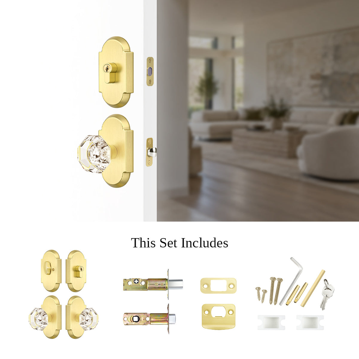 SENY Entry Door Knob Set with Deadbolt – Octagon Crystal Knob with Arch Backplate Front Door Lock Set