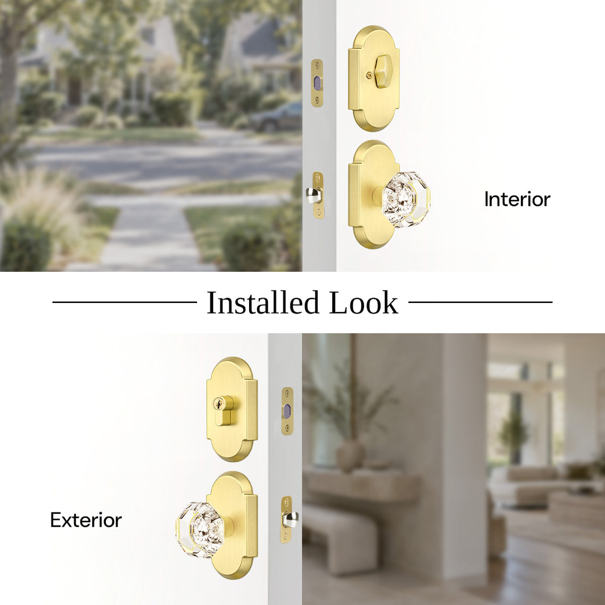 SENY Entry Door Knob Set with Deadbolt – Octagon Crystal Knob with Arch Backplate Front Door Lock Set
