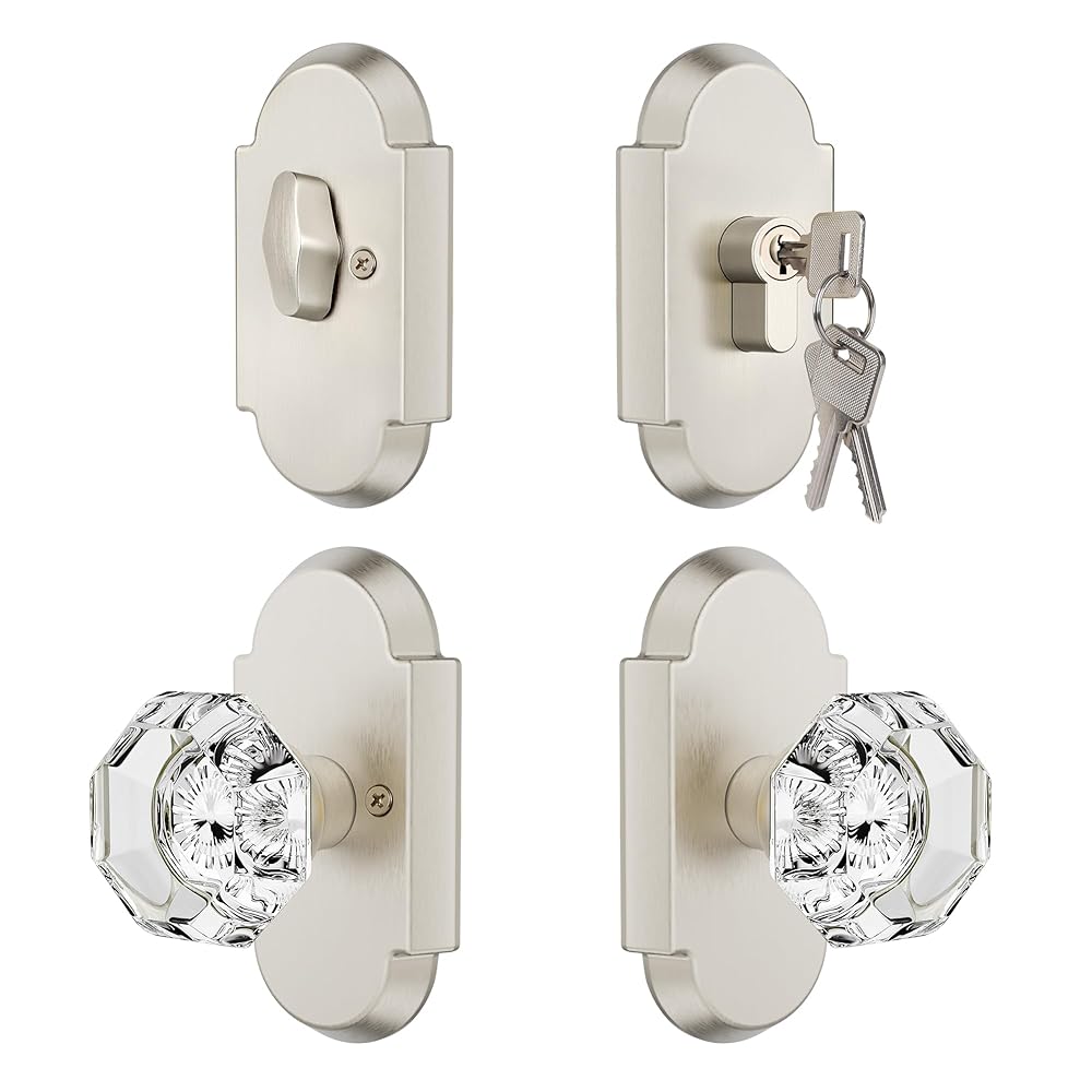 SENY Entry Door Knob Set with Deadbolt – Octagon Crystal Knob with Arch Backplate Front Door Lock Set
