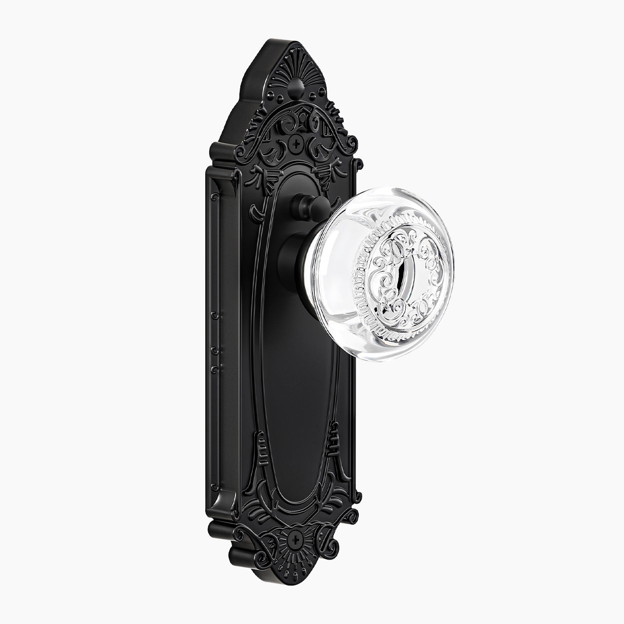 SENY vintage crystal door knob with ornate black backplate for interior doors