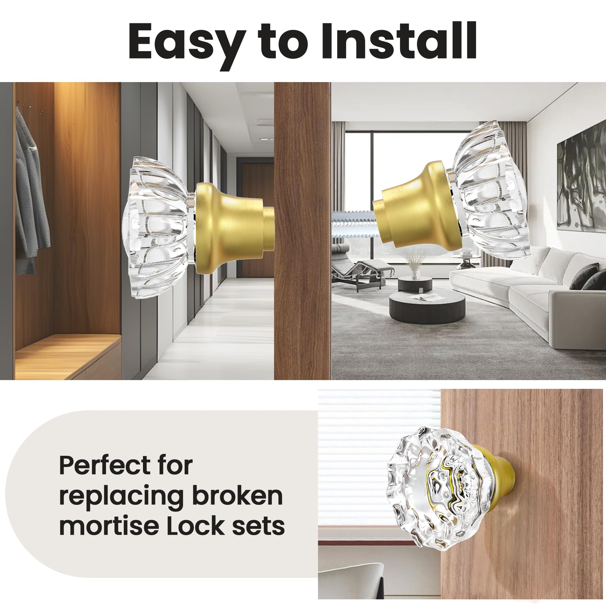 Seny Crystal Glass Mortise Door Knob Replacement Set with Spindle