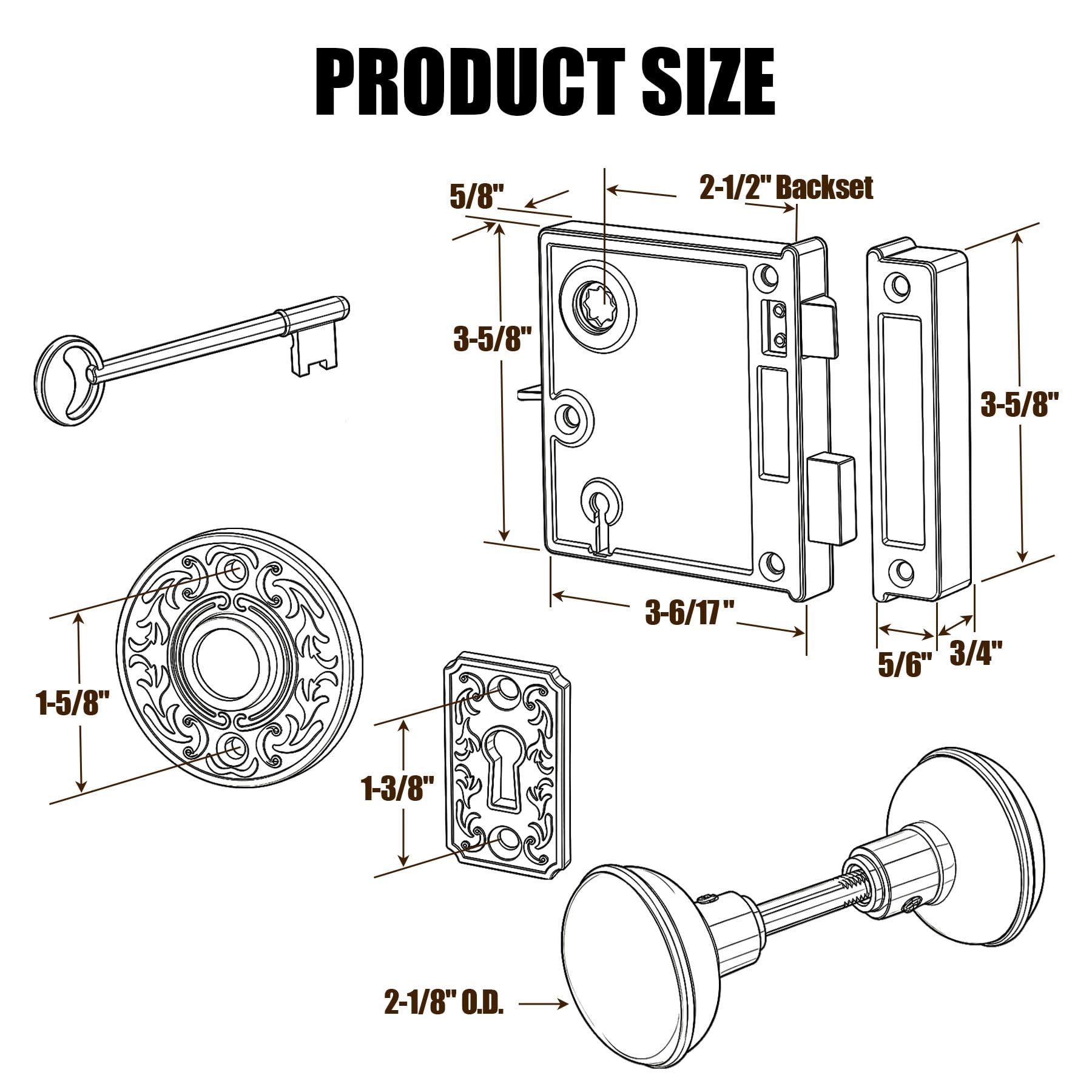 SENY Vintage Rim Lock Set with Door Knobs & Skeleton Key
