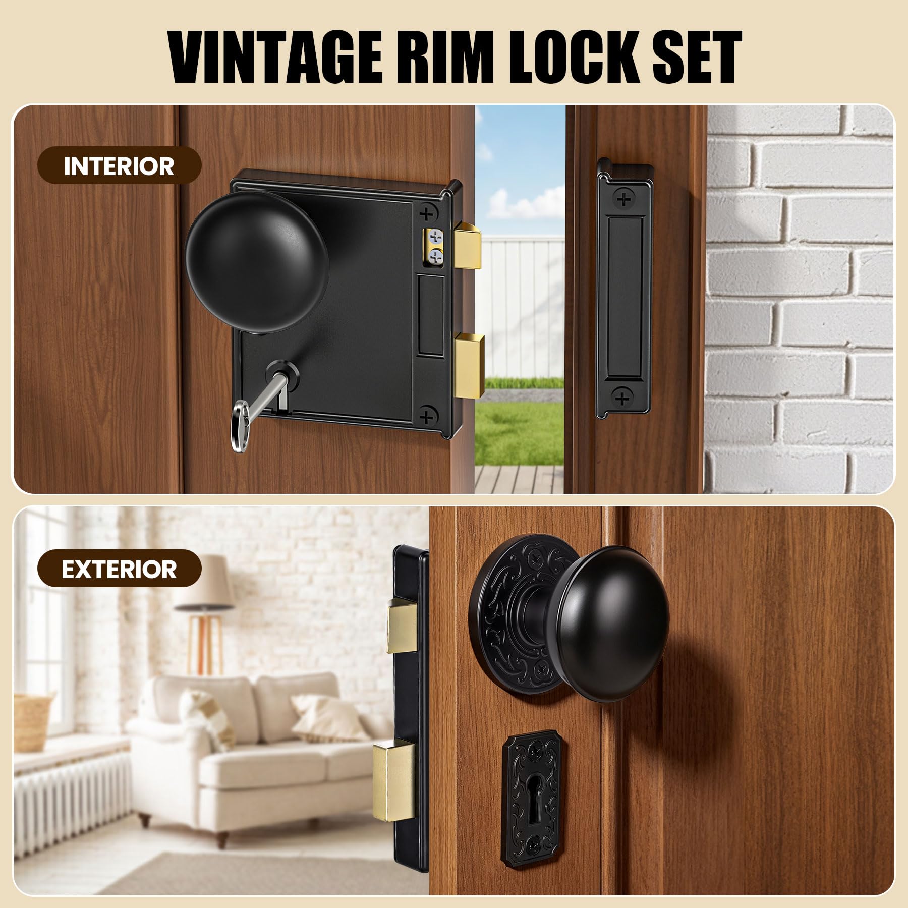 SENY Vintage Rim Lock Set with Door Knobs & Skeleton Key