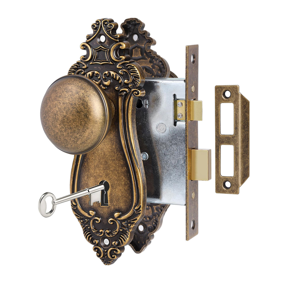 SENY Vintage Mortise Door Knob with Decorative Backplate & Skeleton Key