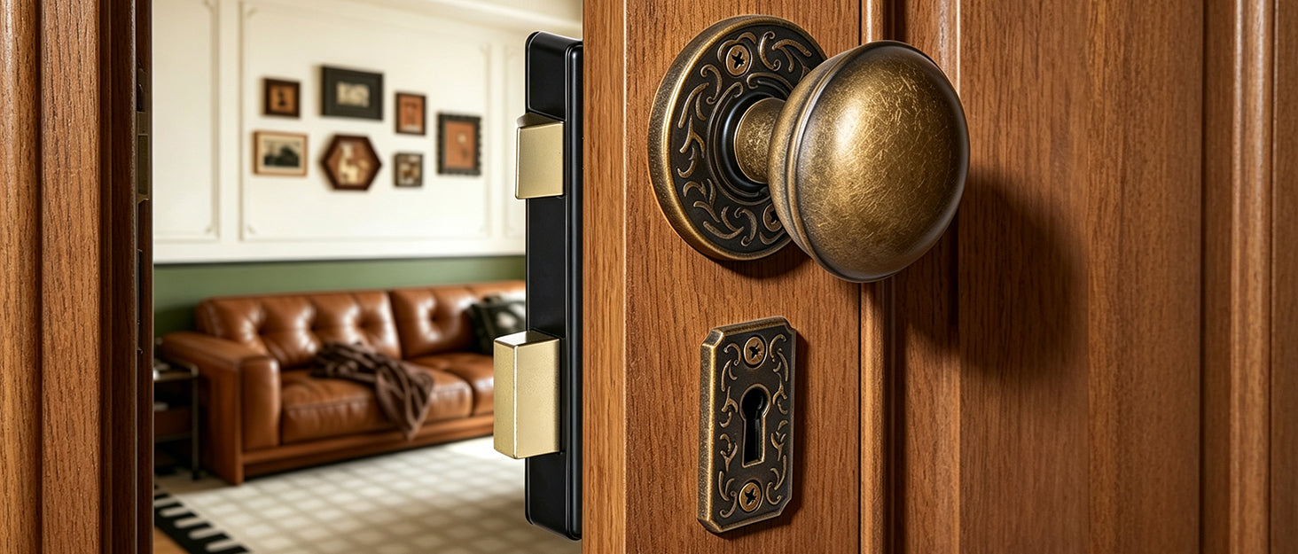 SENY Vintage Rim Lock Set with Door Knobs & Skeleton Key
