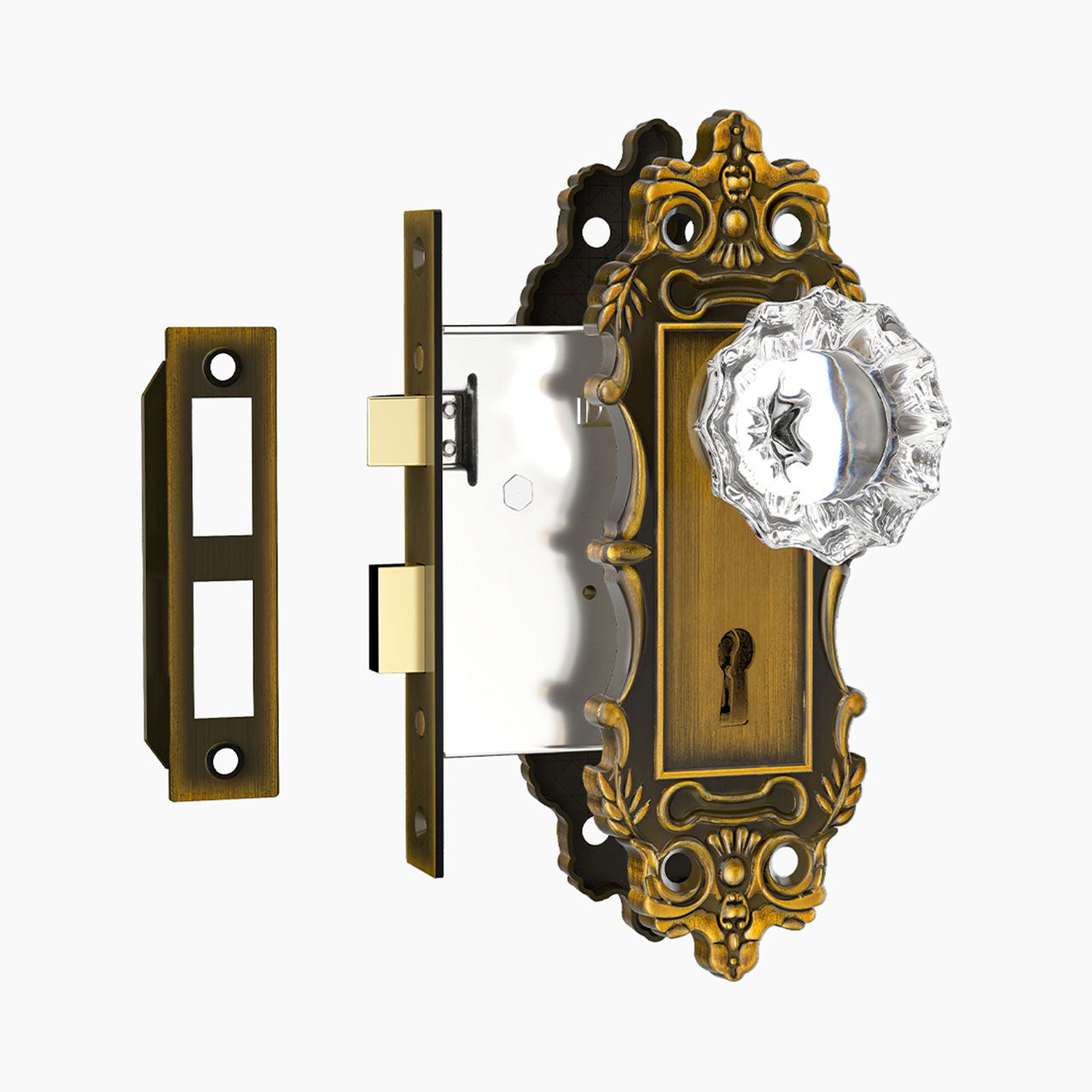 antique mortise lock set with floral crystal knob antique brass finish SENY