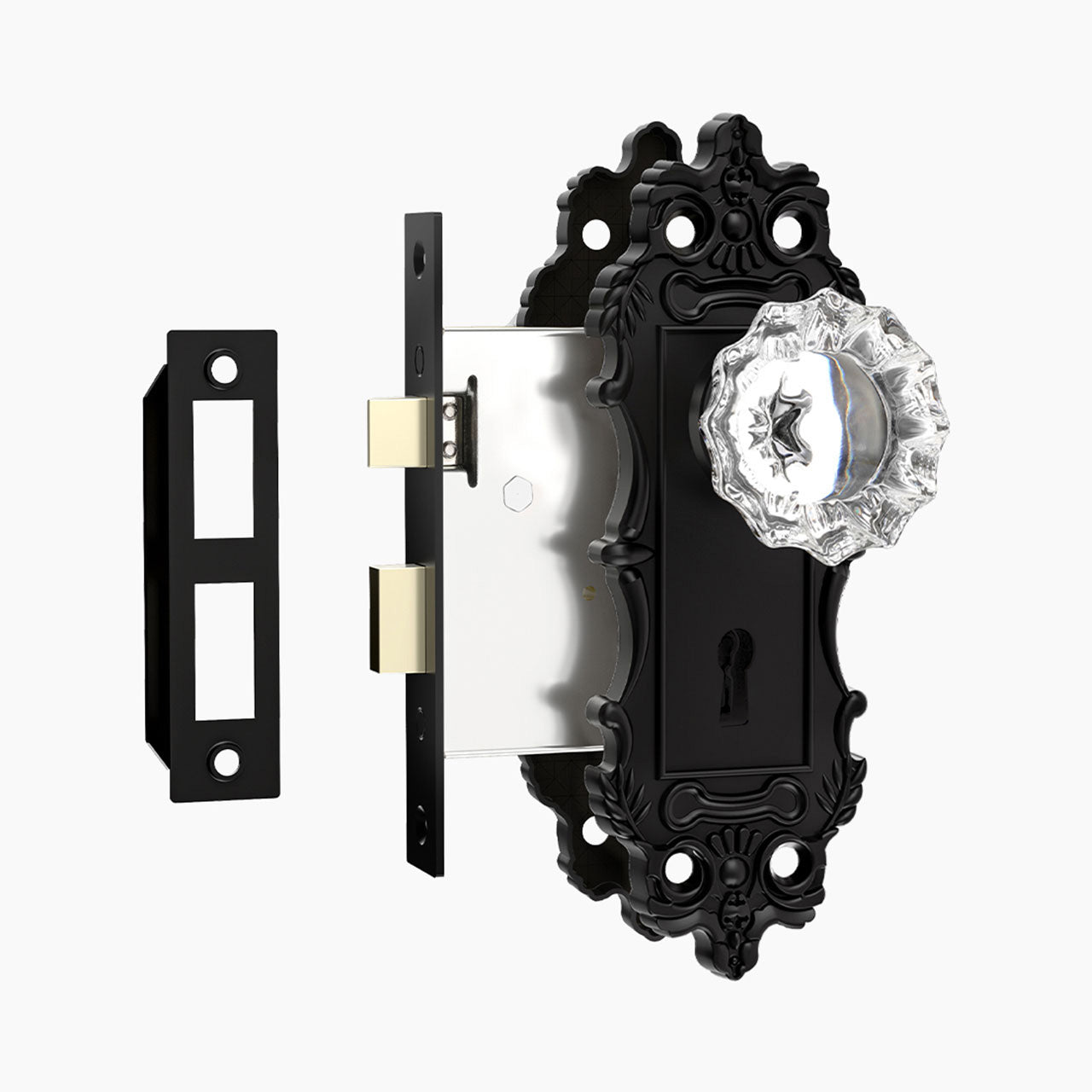 antique mortise lock set with floral crystal knob and rectangular backplate front view SENY