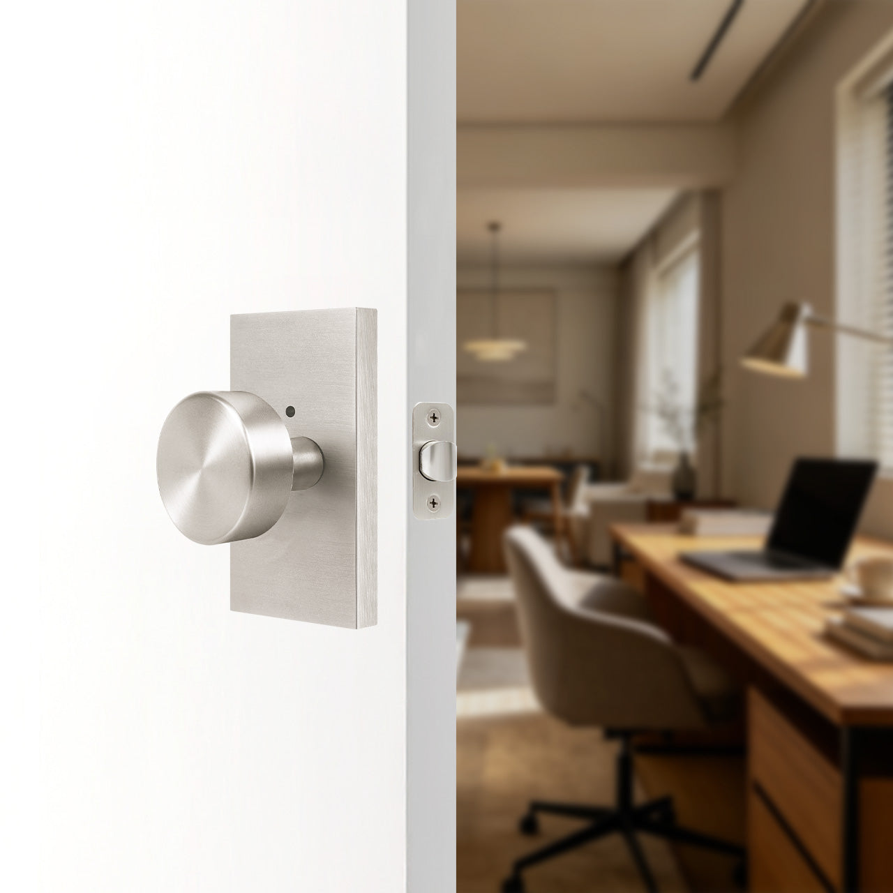 Backplate door knobs installed on interior door scene SENY