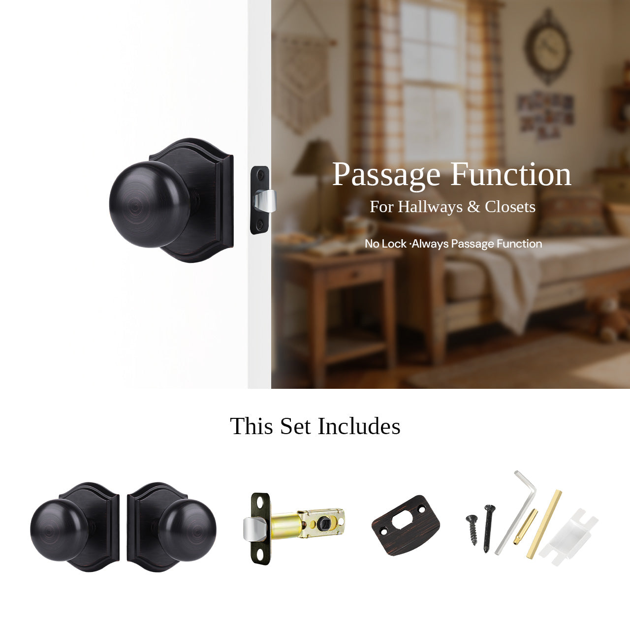 Passage door knobs with backplate for hallway and closet interior doors, SENY