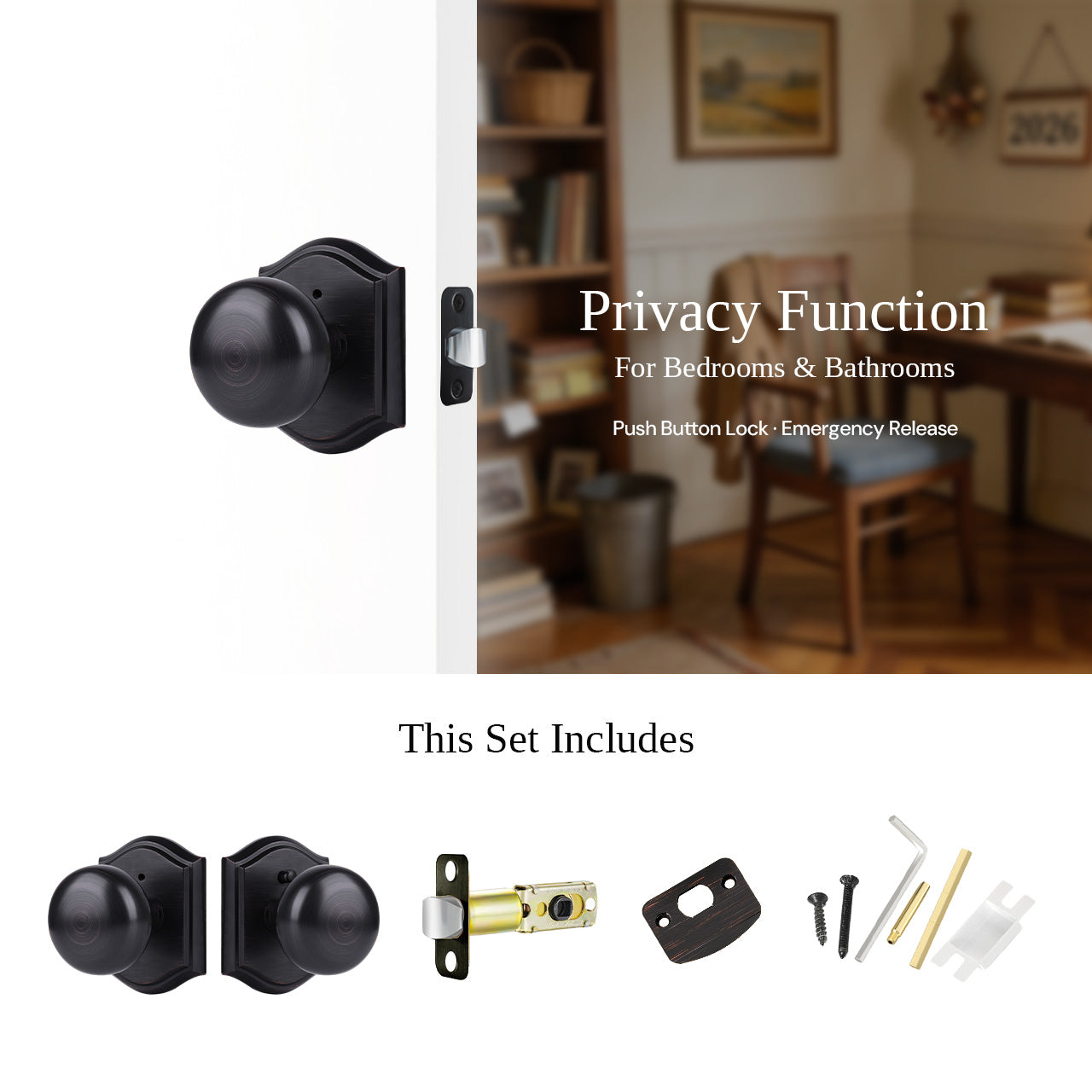 Privacy door knobs with backplate for bathroom and bedroom doors, SENY