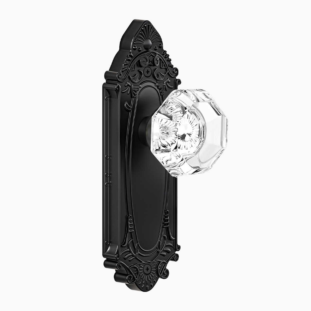 SENY Vintage Crystal Door Knob with Ornate Antique Backplate, Interior Glass Door Handle for Privacy, Passage & Dummy Doors
