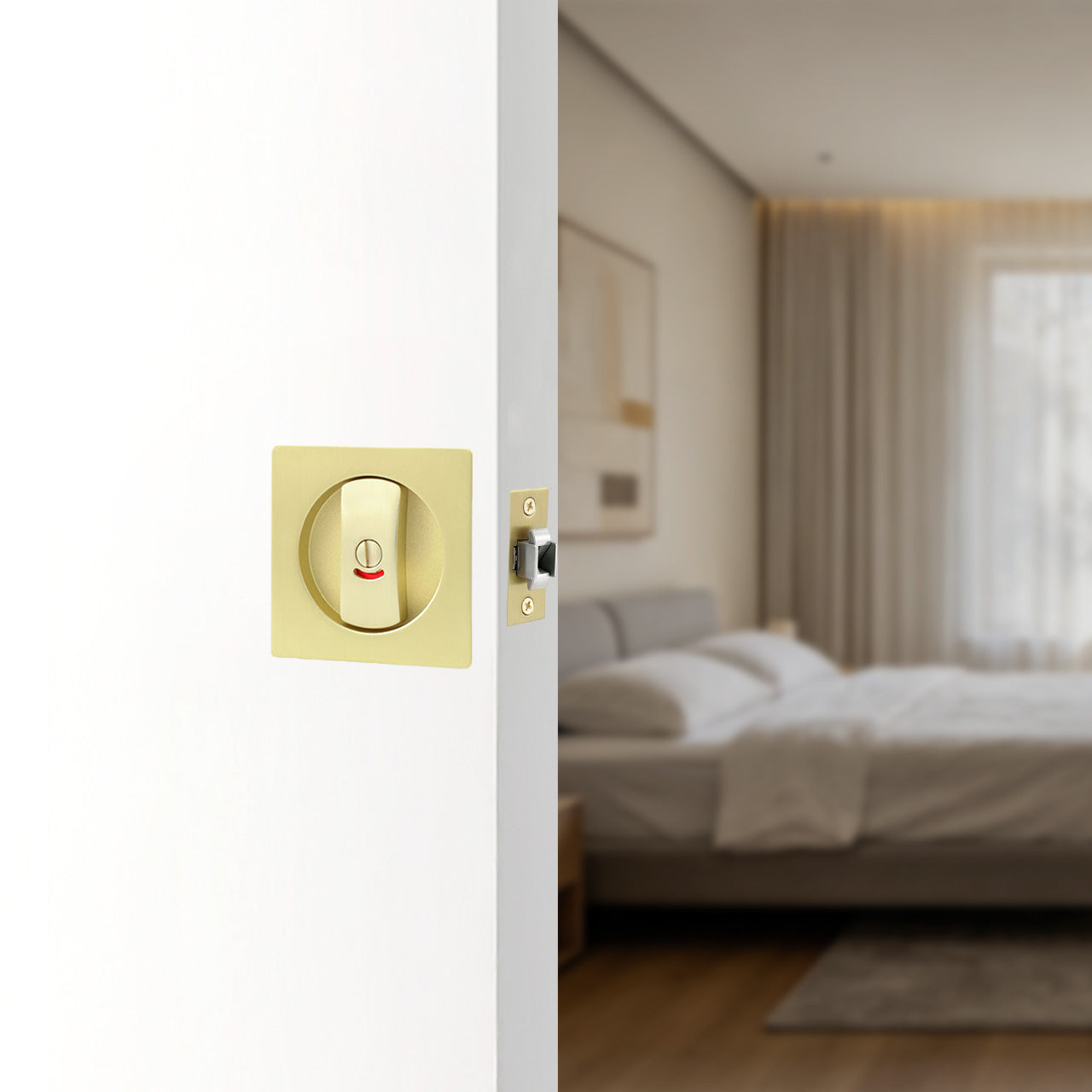 Bathroom pocket door privacy lock installed on modern sliding pocket door, SENY