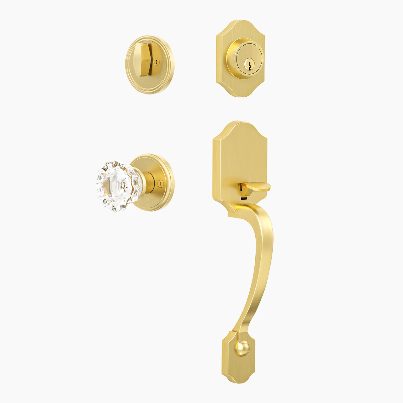 Brushed gold entry door knob set with deadbolt, crystal glass door knob, and decorative front door handle set