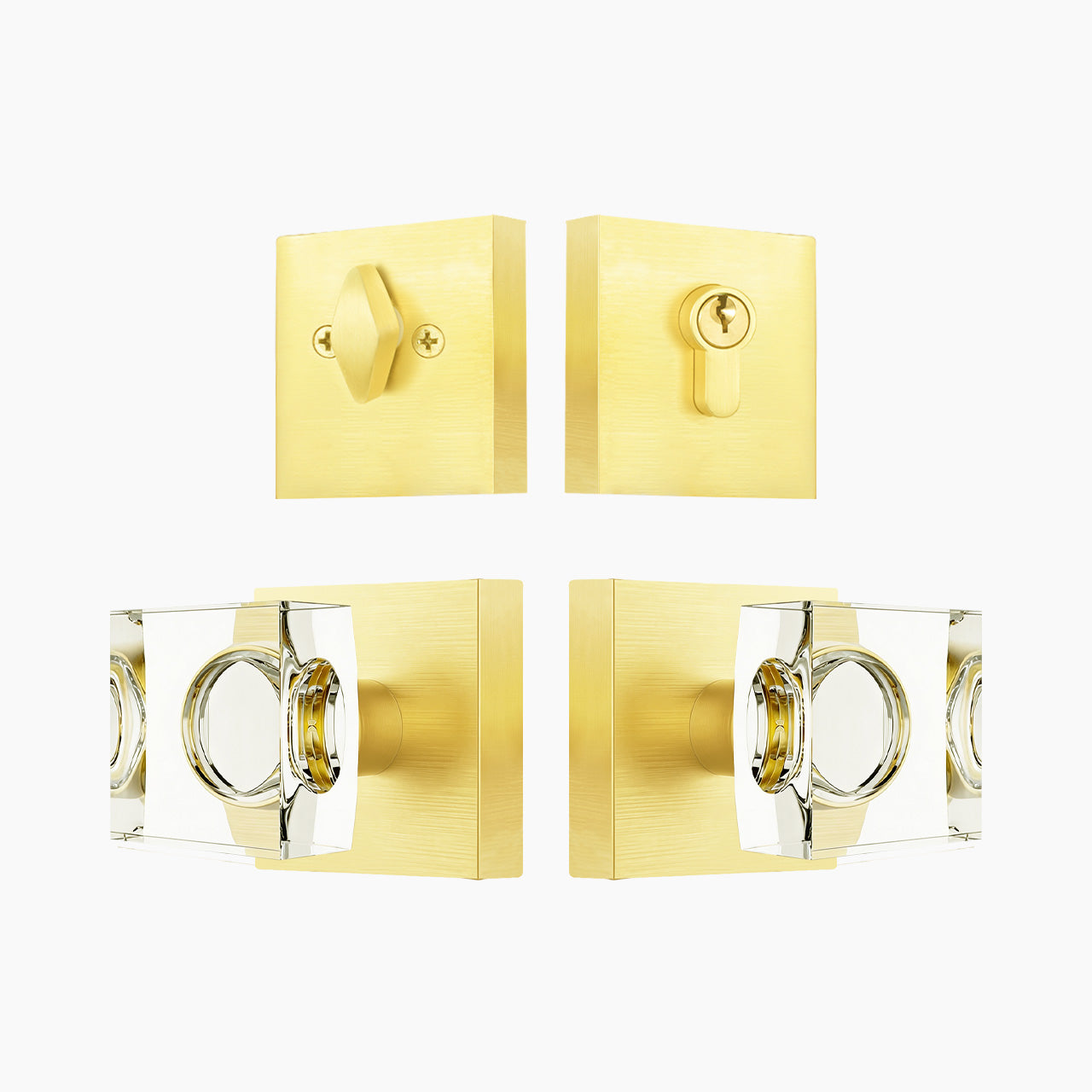 Brushed Gold crystal entry door knob with square backplate and deadbolt