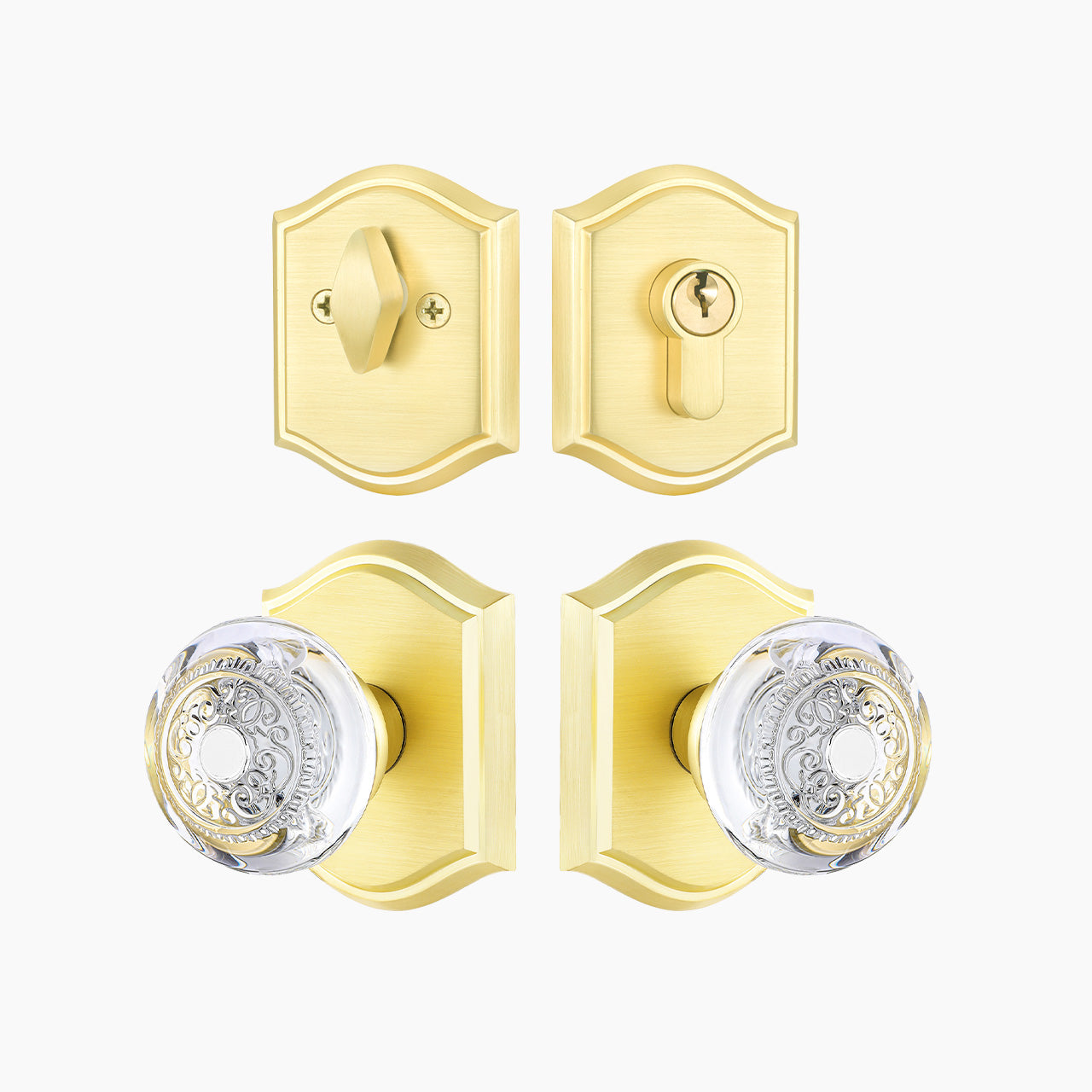 Brushed gold crystal entry door lock set with decorative deadbolt, SENY