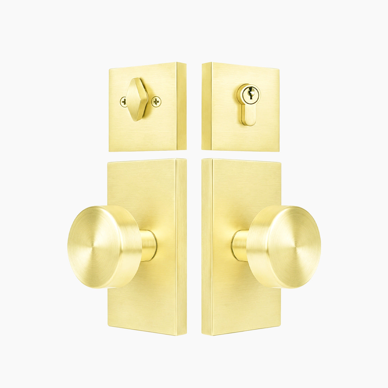 Brushed gold entry door knob set with deadbolt and rectangular backplate, SENY