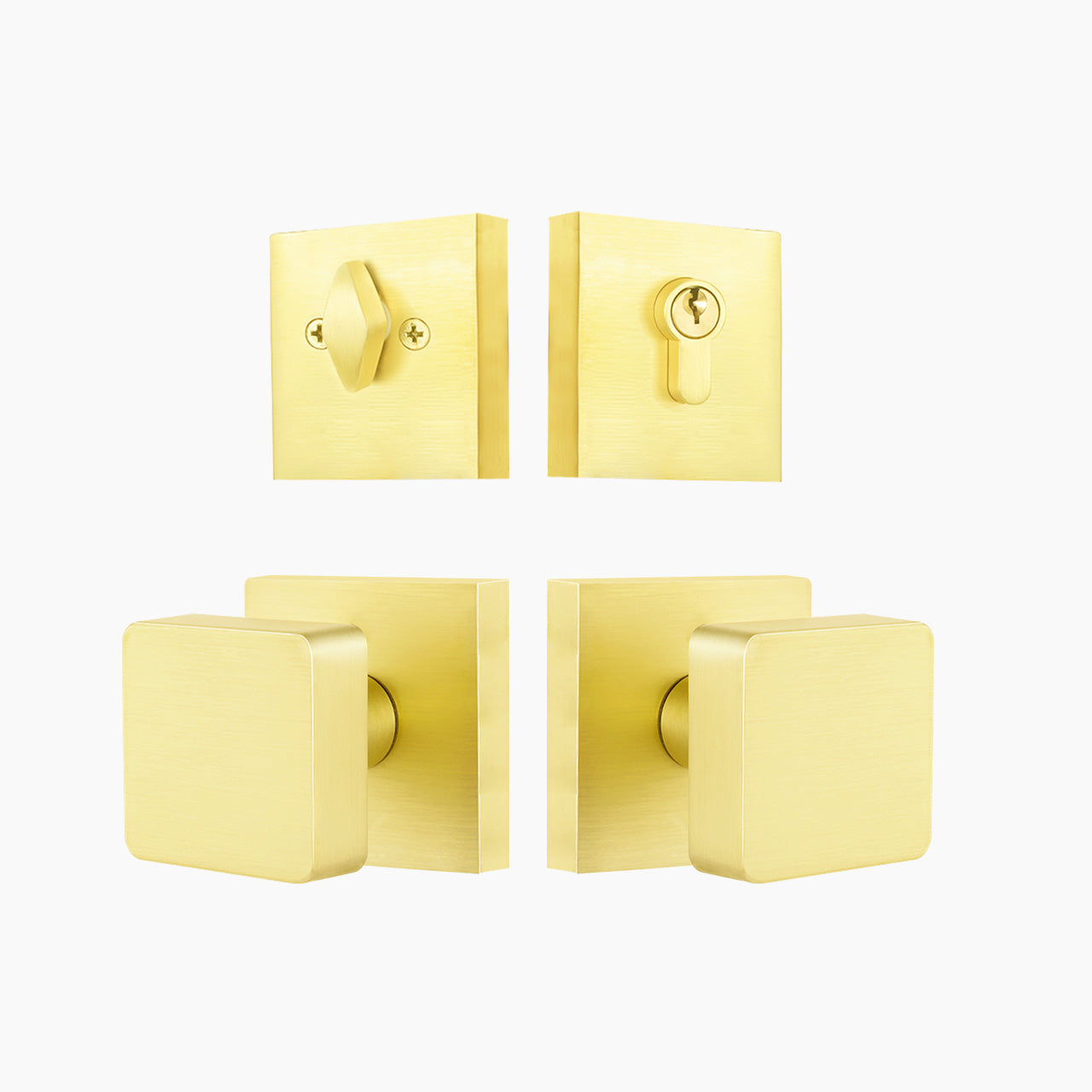 Brushed gold square entry door knob set with deadbolt for front doors, SENY