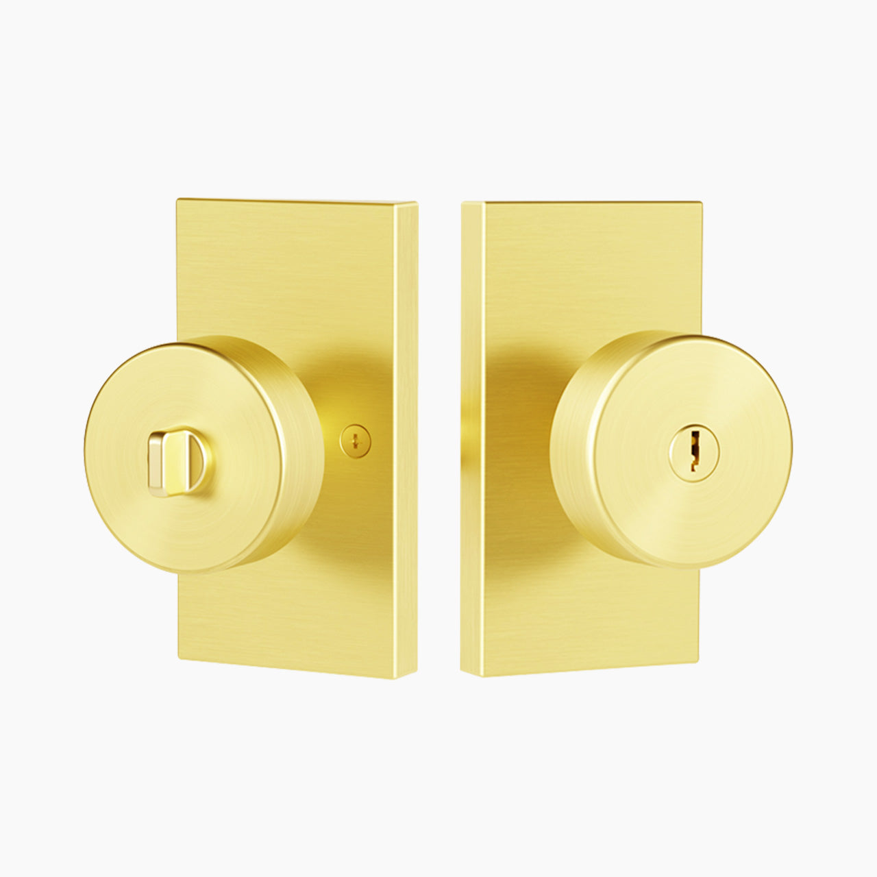 Brushed gold interior door knobs with locks and modern rectangular backplate style SENY