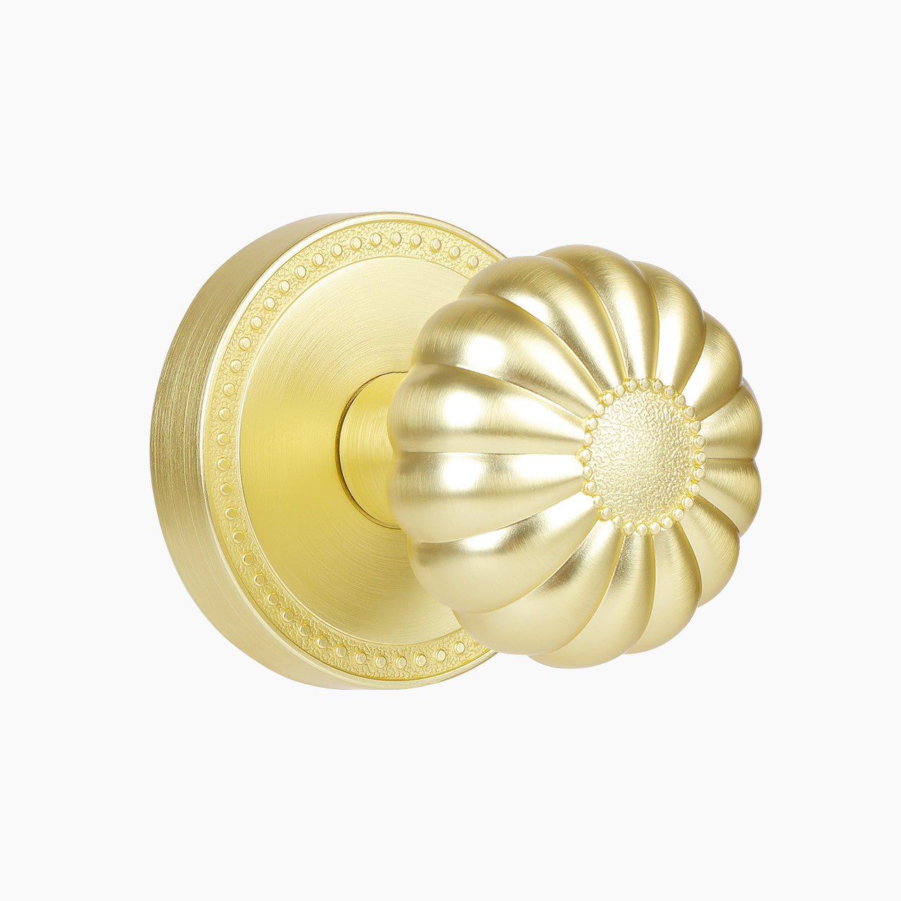 Brushed gold pumpkin passage door knob with vintage round rosette, SENY