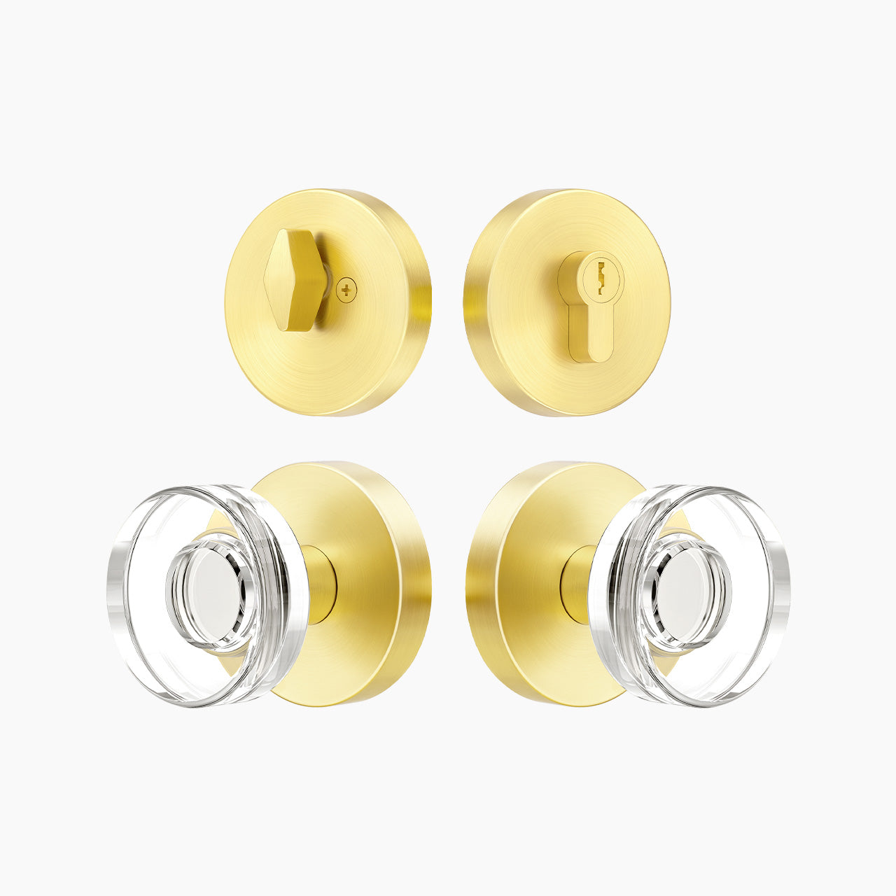 Brushed gold decorative entry door set with round crystal glass knob and deadbolt, SENY